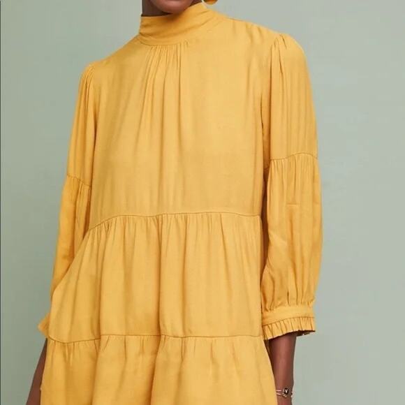 Anthropologie Maeve Goldie High Neck Tiered Flowy 3/4 Sleeve Marigold Blouse XS - Picture 2 of 15